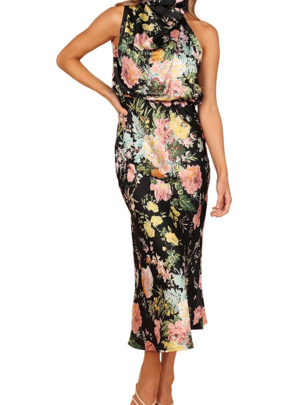 NW Petal & Pup Nordstrom ANABELLE Black Floral Satin Midi Dress size S